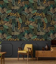 a living room filled with furniture and wallpaper covered in green leaves on a black background