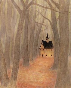 a painting of a church in the woods