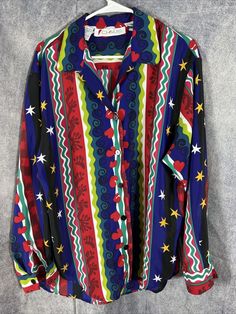 Chaus Size 16 Colorful Blouse Art To Wear Long Sleeve Collar Button Up Lightweig | eBay Summer Multicolor Blouse With Buttons, Multicolor Vibrant Print Collared Blouse, Multicolor Tops With Button Closure For Fall, Multicolor Button-up Blouse With Button Closure, Multicolor Long Sleeve Shirt With Button Closure, Multicolor Collared Shirt With Colorful Pattern, Multicolor Collared Printed Blouse, Multicolor Long Sleeve Shirt With Vibrant Print, Multicolor Collared Blouse With Buttons