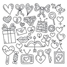 a black and white drawing of many different items in the shape of hearts, flowers, gifts