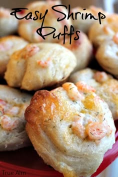 some food that is on top of a red basket with the words easy shrimp muffins