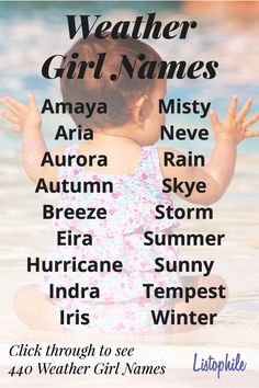 440 Weather Girl Names, including storm, thunder, lightning, rain, sky, cloud, wind and snow names; and girl names meaning weather. Click through to see more Weather Girl Names. Rain Names, Snow Names, Wind Names, Spelling Help, Names Meaning, Cool Boy Names