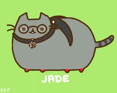 a drawing of a cat with glasses on it's face and the word jade written in red