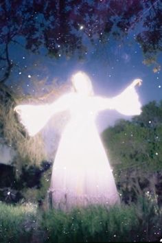 a person standing in the grass with their arms spread out and lights shining on them