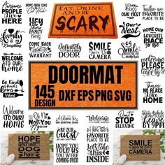 a door mat that has different words on it