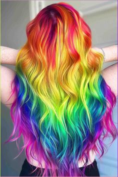 Heatless Curls Tutorial!! How to make Heatless Curls! @marenanicole on TikTok Hair Color Photo, Rainbow Hair Inspiration, Rainbow Hair Dye Ideas, Long Rainbow Hair, Fun Hair Styles Long Hair, Dyed Hair Rainbow, Crazy Hair Dye, Colorful Hair Dye Ideas, Hair Rainbow Color