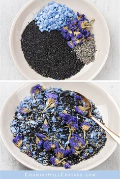 How to make calming DIY blue lavender bath salts for relaxation and stress relief. Made with natural organic ingredients like black salt, Himalayan salt, coconut oil and essential oil scented. A relaxing activated charcoal bath is great for detox and cleansing, sinus and sore muscles. Suitable for kids and men. Includes packaging/container tips and printable labels for holiday gifts, wedding favors, Christmas or Mothers Day. #diybathsalts #lavender #bathsoak #diy #gift | countryhillcottage.com Floral Bath Soak, Diy Charcoal, Diy Bath Soak, Bath Soak Recipe, Bath Diy, Diy Detox, Bath Salts Gift, Bath Salts Recipe, Bath Salts Diy