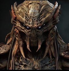 an alien creature with large horns and huge eyes, standing in front of a dark background