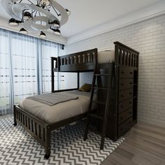 a bedroom with a bunk bed next to a window and a rug on the floor