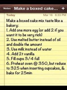 a notepad with instructions on how to make a boxed cake in 3 minutes or less