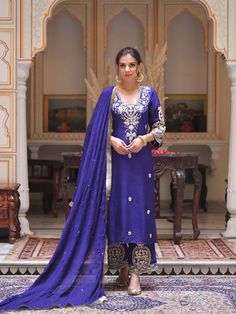 Royal Blue Square V-Neck Dori Embroidery With Handwork Dola Silk Kurta Set With Chinon Dupatta. - Mahukaa Dori Embroidery, Silk Kurta Set, Blue Kurta, Silk Kurta, Royal Blue Color, Blue Square