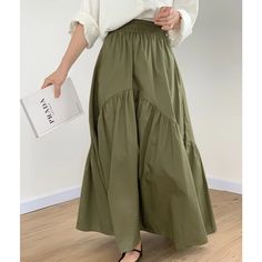 Olivia Mark - Stylish Casual Vintage Wave Pleated High Waist Skirt Solid Color Mermaid Hem Maxi Skirt Green Flowy Cotton Skirt, Khaki Flowy Skirt For Spring, Green Non-stretch Long Skirt, Non-stretch Green Long Skirt, Summer Skirt With Wide Hem, Casual Solid Color Skirt With Wide Hem, Casual Solid Skirt With Wide Hem, Casual Solid Wide Hem Skirt, Khaki Flared Lined Skirt