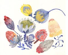 an image of flowers painted in watercolors on white paper with blue and yellow accents