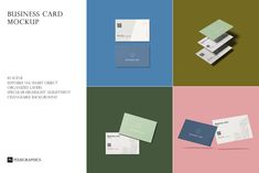 the business card mockup is shown in four different colors