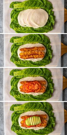 four different views of sandwiches with lettuce, tomatoes and cheese on them in buns