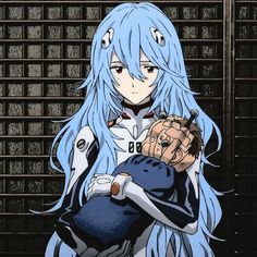 a woman with long blue hair holding a baseball glove