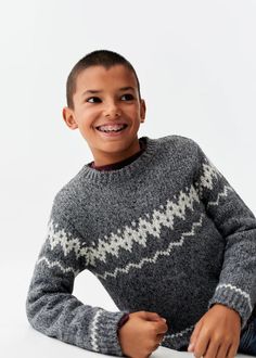 Knit cotton sweater - Girls | Mango Kids USA Gray Jacquard Knit Crew Neck Sweater, Cozy Jacquard Knit Top, Knit Jacquard Tops For Winter, Knit Jacquard Knit Tops For Winter, Knit Crew Neck Top With Fair Isle Pattern, Mango Kids, Christmas Collection, Kids Sweater, Girls Sweaters