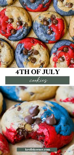 chocolate chip cookies with red, white and blue frosting are shown in this collage