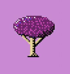 a pixel art style tree with purple and yellow leaves on the top, against a light purple background