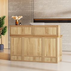 a large wooden cabinet sitting next to a potted plant