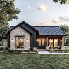 this is a rendering of the front elevation of a modern farmhouse style home with stone and metal accents