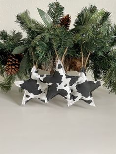 three black and white stars are hanging from the tree