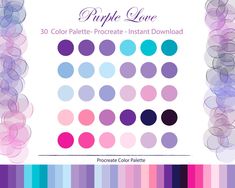 the purple love color palette is shown in shades of blue, pink, and purple