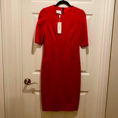 Sport-Red, 69% Viscose, 25% Nylon, 6% Elastane, No Appliqus, Basic Solid Color, Round Collar, Short Sleeves, No Pockets, Rear Closure, Zipper Closure, Fully Lined, Stretch Red Size 6 Fitted Red Silk Midi Dress, Red Fitted Silk Midi Dress, Red Fitted Midi Dress For Semi-formal Occasions, Elegant Red Lined Midi Dress, Red Sheath Midi Dress For Work, Rock Dresses, Akris Punto, Midi Sheath Dress, Black Sheath Dress