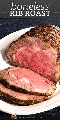 a white plate topped with sliced meat on top of a blue table cloth and text that reads boneless rib roast