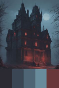 a creepy house with red lights in the windows