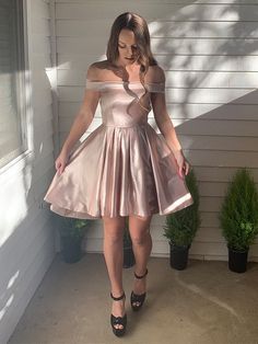 A-Line/Princess Off-the-Shoulder Satin Sleeveless Ruffles Short/Mini Homecoming Dresses Rose Gold Dresses Short, Rose Gold Party Dress, Hot Pink Homecoming Dress, Champagne Homecoming Dresses, Gold Party Dress, Mini Homecoming Dresses, Satin Homecoming Dress, Rose Gold Party, Blue Homecoming Dresses