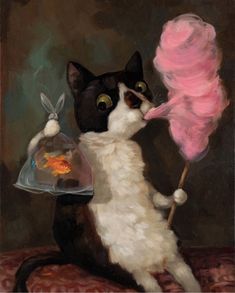 a painting of a black and white cat holding a pink lollipop in it's mouth