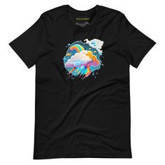 a black t - shirt with an image of clouds and rainbows