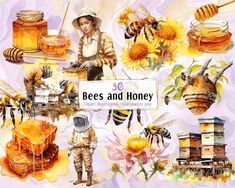 watercolor bee and honey clipart set with bees, honeycombs, flowers