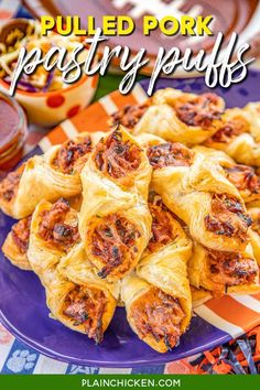 puffed pork pastry puffs on a purple plate with the title pulled pork pastry puffs