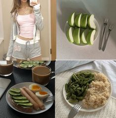 a woman standing in front of a plate of food