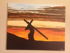 a painting of a person holding a cross in front of an orange and blue sky