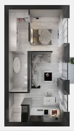 an overhead view of a bedroom and bathroom in a small apartment with white walls, flooring and furniture