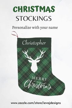 a christmas stocking with the words personalize with your name and reindeer head on it