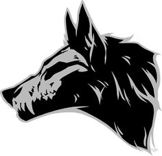 a black and white wolf's head is shown in the shape of a sticker