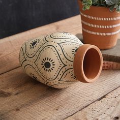 a potted plant sitting on top of a wooden table next to a small vase