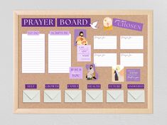 a cork board with paper and pictures on it that says, prayer board i choose