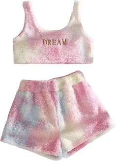 Amazon.com : cute fuzzy tie-die pajamas summer Fluffy Pajamas, Fuzzy Pajamas, 2 Piece Outfits For Women, Women Crop Top, Top With Shorts, Cute Pajama Sets, Trendy Bikinis, Short Loungewear, Fashion Bottoms