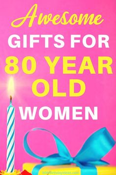 a birthday cake with a lit candle on it and the words awesome gifts for 80 year old women