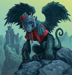 a monkey with wings sitting on top of a rock