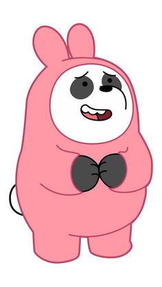 a pink cartoon character with black eyes and a bow tie on his chest, standing in front of a white background