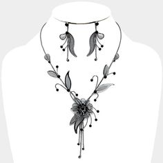 Colors: Black/Gun Metal or White/SilverNecklace: 17" + 4"Decor: 3.5"Earrings 2.2" Black Jewelry Sets For Party, Black Metal Necklaces For Wedding, Elegant Black Metal Necklace For Weddings, Elegant Black Metal Jewelry Sets, 30 Fashion, Floral Necklace, Black Necklace, Metal Mesh, Leaf Necklace