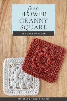 two square crocheted coasters with the text free flower granny square on top