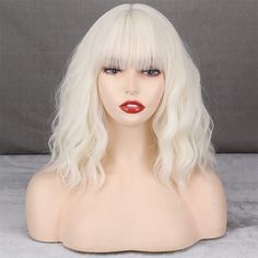 Category:Synthetic Wig; Gender:Women's; Wig Type:Natural Wigs; Occasion:Daily Wear,Party / Evening,Vacation,Daily,Christmas Gifts; Age Group:Adults; Color Shade:Black,Blue,Blonde,White,Pink; Hair Material:Synthetic Hair; Cap Construction:Machine Made; Texture:Curly; Length:Short; Features:Soft,Party,Easy to Carry,Fashion,Comfortable; Heat Resistant:Yes; Listing Date:11/30/2022; Cap Circumference:; Front to Back:; Nape of Neck:; Side to Side Across Forehead:; Side to Side Over Top:; Temple to Temple Across Back:; Hairstyle:With Bangs; Can Be Permed:No Realistic Wig, Platinum Wig, Blonde Wavy Wig, Platinum Wigs, Wavy Bob Wig, Wavy Wig With Bangs, Short Black Wigs, Wavy Bangs, Blonde Bob Wig