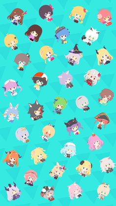 an image of many different anime characters on a blue and green background with the same character